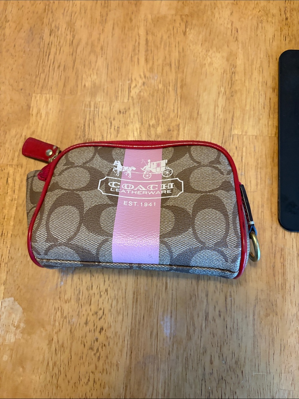 Coach Brown Signature mini cosmetic Pouch with tattersall lining